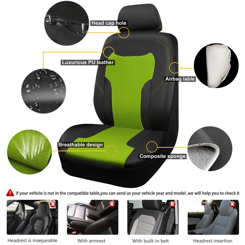 CAR-GRAND Leather Car Seat Covers Full Set, Airbag Compatible Breathable Air Mesh Car Seat Covers, Universal Fit Seat Covers Protector for Cars Trucks SUV Pick-up Sedan Interior (Black Green) - Image 3